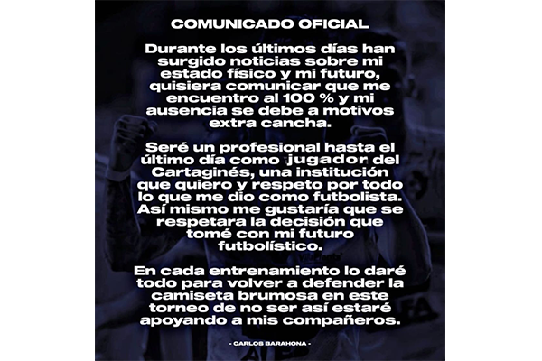 Carlos Barahona asegura que no juega con Cartaginés por “motivos extra cancha”