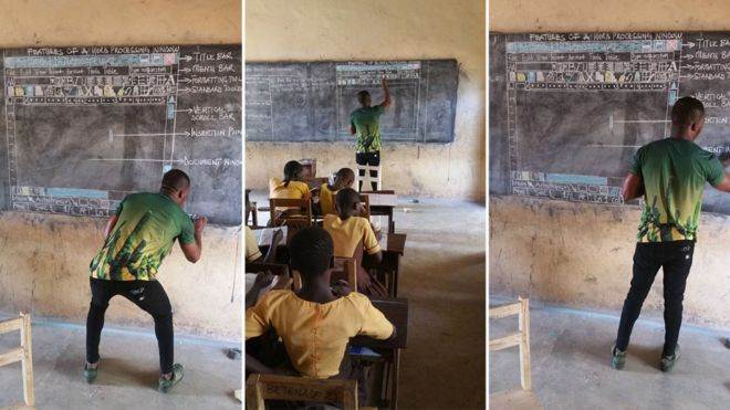 El profesor de Ghana que enseña informática en una pizarra y sin computadoras es un éxito viral