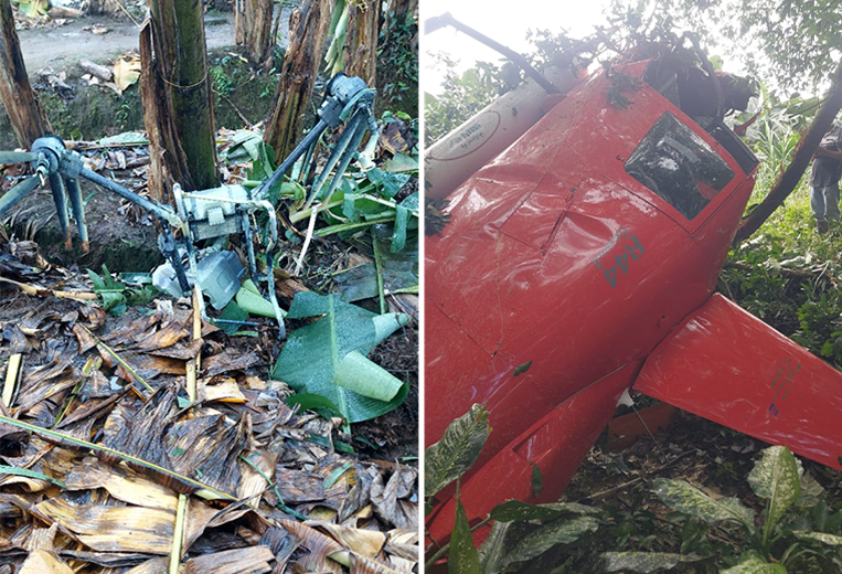 helicóptero fumigador en vuelo fue impactado por un dron de riego.