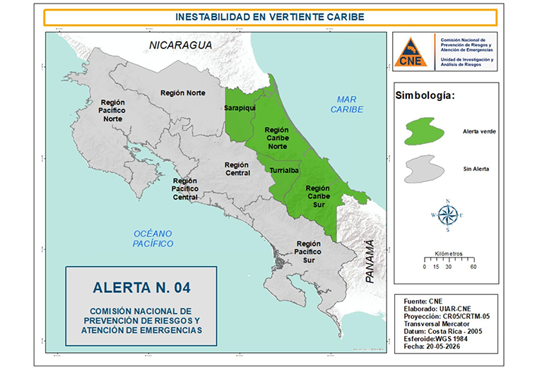 CNE declara alerta verde en el Caribe, Sarapiquí y Turrialba por onda tropical n.º 3