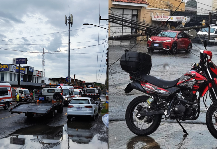 Rayo desata caos en Alajuela: ocho vehículos quedaron atrapados tras caída de postes
